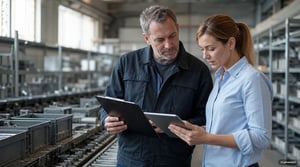 Quality Platform in Manufacturing: A production manager and a quality manager compare inspection data on an assembly line