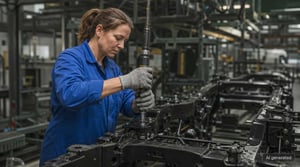A female worker inspects a bolted joint at an assembly station in an automotive manufacturing plant 