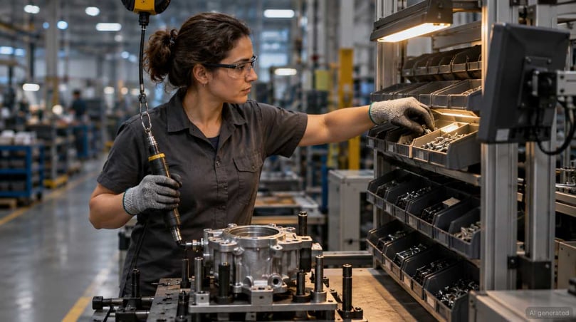 Software zur Ausschussreduzierung in der Montage: Werkerin arbeitet mit digitaler Werkerführung