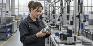 Manufacturing Software: Production Manager Inspects Assembly Line with Networked Inspection Stations