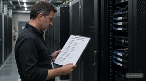 Decommissioning Teradata: An IT manager inspects an old data warehouse at the data center before archiving it