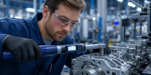 A technician inspects a safety-critical bolted joint using a digital torque wrench in accordance with VDI/VDE 2862 during industrial assembly
