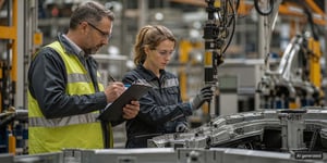 An external auditor inspects the bolted joints on the assembly line using the audit checklist