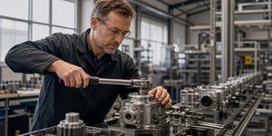 A worker at a digitally controlled assembly station tightens a component with a torque wrench