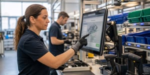 Operator Assistance Systems at the Assembly Workstation: An operator with a touchscreen terminal, a 