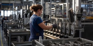 Workers on a production line with a wide variety of parts prevent assembly errors caused by product variety using digital worker guidance