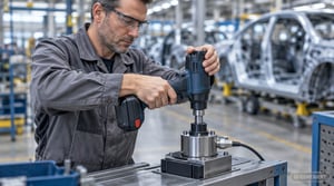 Tool Inspection: A maintenance technician inspects a cordless screwdriver on the test bench in the assembly area