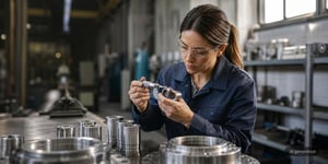 A quality engineer inspects a component using a gauge on the production line